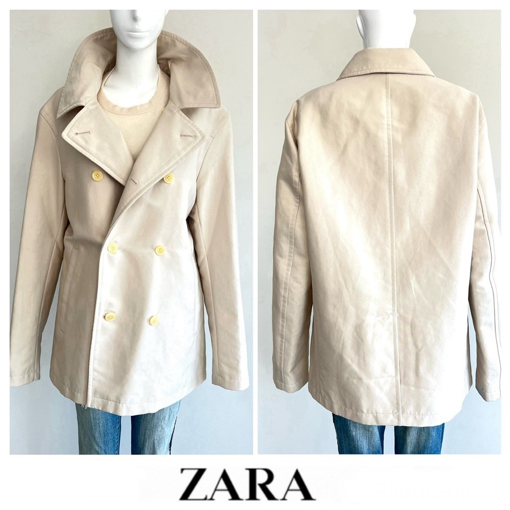 ZARA Neutral Cream Double Breasted Long Sleeve Side Pockets Trench Coat Sz L